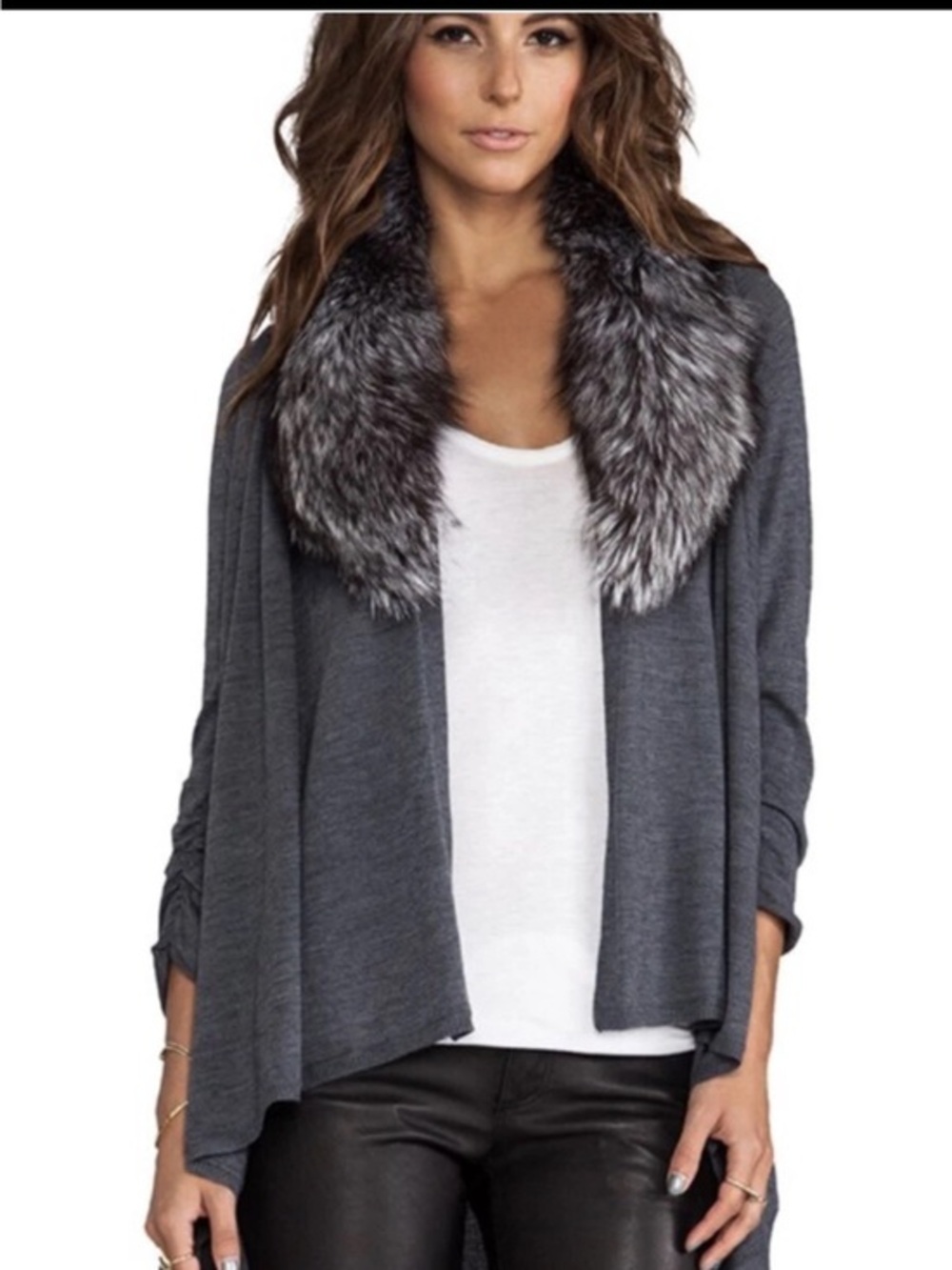 Alice + Olivia Izzy Fox Fur Collar Cascade Cardigan Wool Cashemere Gray Size m